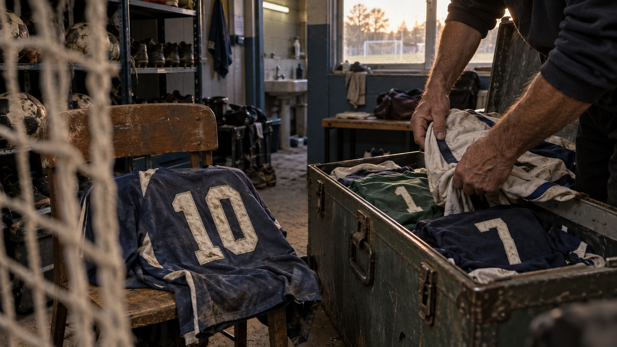Un intendant trie des maillots de football usés portant les numéros 1, 7 et 10 dans le local matériel d’un club