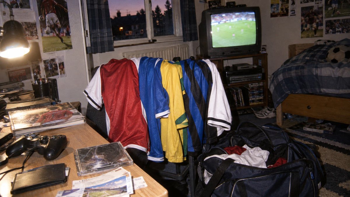 Maillots de football colorés dans une chambre de supporter du début des années 2000 avec télévision cathodique