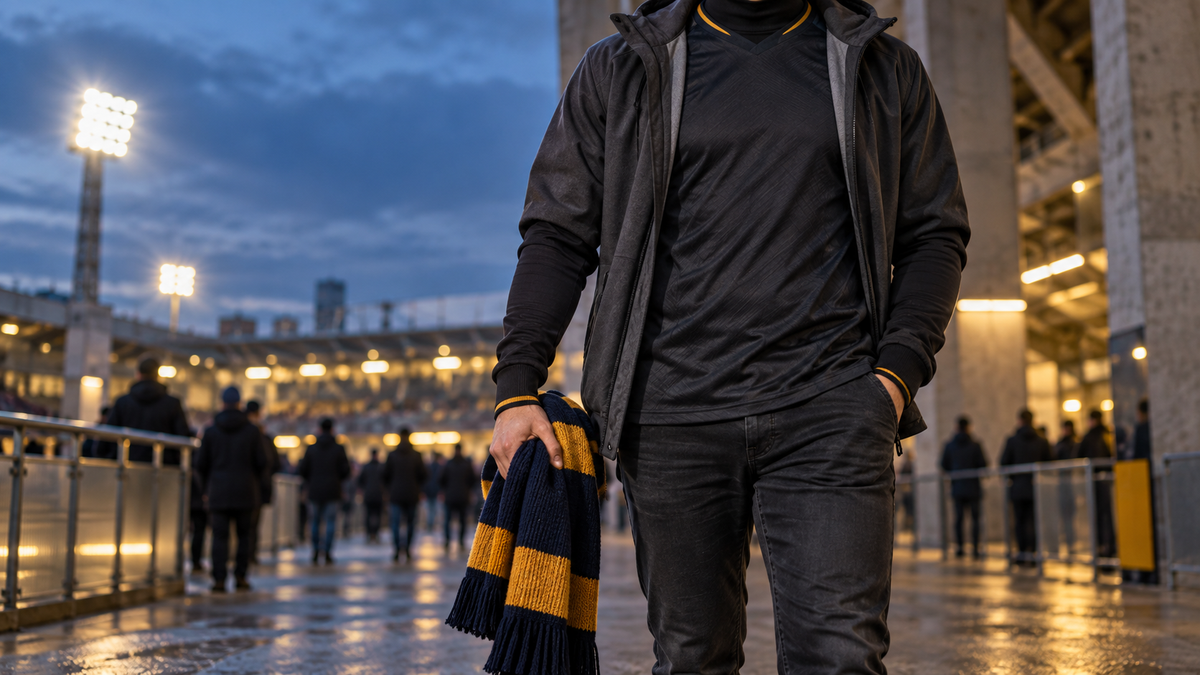 Supporter portant un maillot de football sur une sous-couche thermique et sous une veste au stade