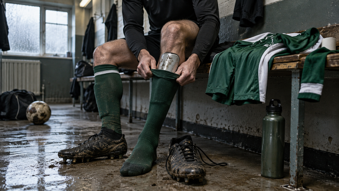 Joueur amateur mettant ses chaussettes dans un vestiaire avec son maillot, son short et ses chaussures de football