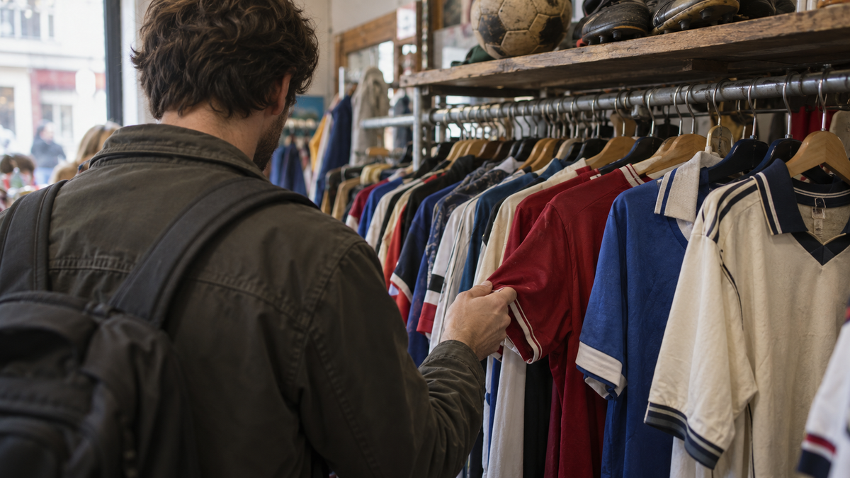 Supporter comparant des maillots de foot sur un portant dans une boutique