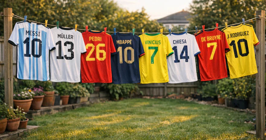 Maillots de football des sélections nationales accrochés sur un fil à linge dans un jardin, Messi Argentine 10, Mbappé France 10, Vinicius Brésil 7, Bellingham Angleterre 22