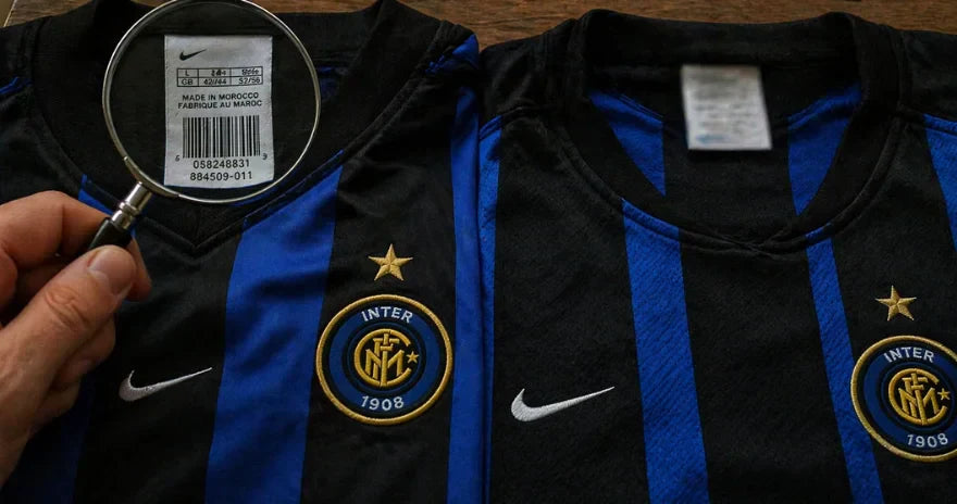 Comparaison maillot de football Nike authentique et faux avec étiquette intérieure analysée à la loupe sur table en bois