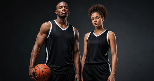 Deux modèles portant des maillots de basket noirs lors d’un shooting photo sportif en studio, avec un ballon de basket à la main.
