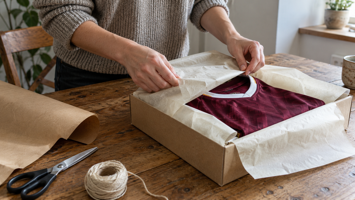 Mains enveloppant un maillot de foot bordeaux dans du papier de soie pour l’offrir