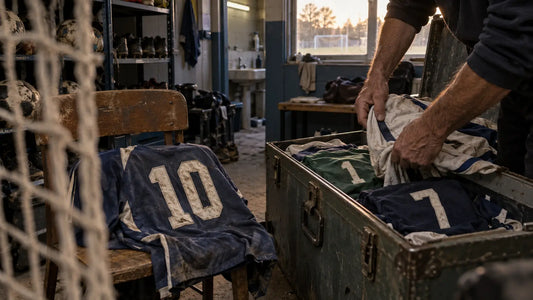 Un intendant trie des maillots de football usés portant les numéros 1, 7 et 10 dans le local matériel d’un club