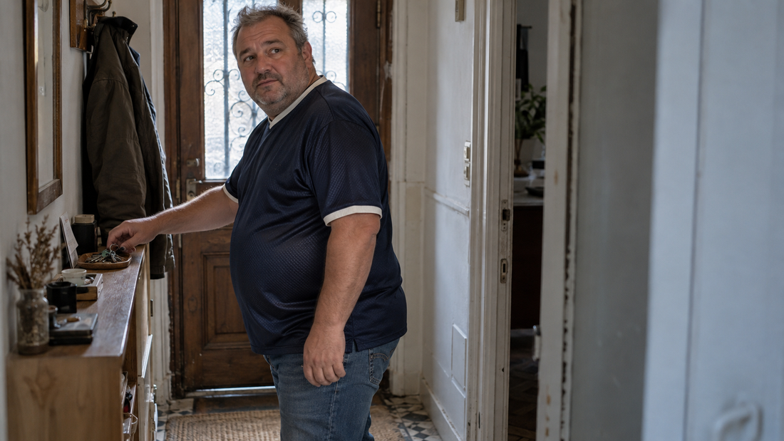 Supporter à la carrure large portant un maillot de foot ample dans l’entrée de son appartement avant de sortir