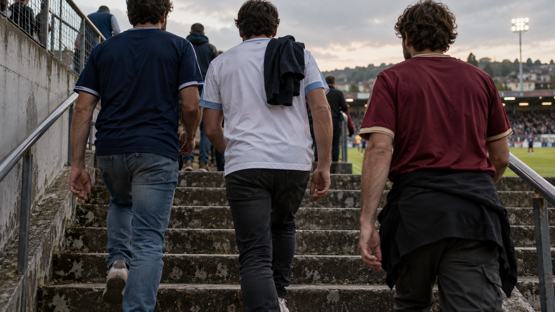 Trois supporters en maillots de foot bleu, blanc et bordeaux dans les escaliers d’un stade