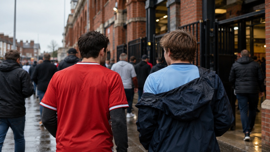 Deux supporters en maillots rouge et bleu ciel devant un stade anglais