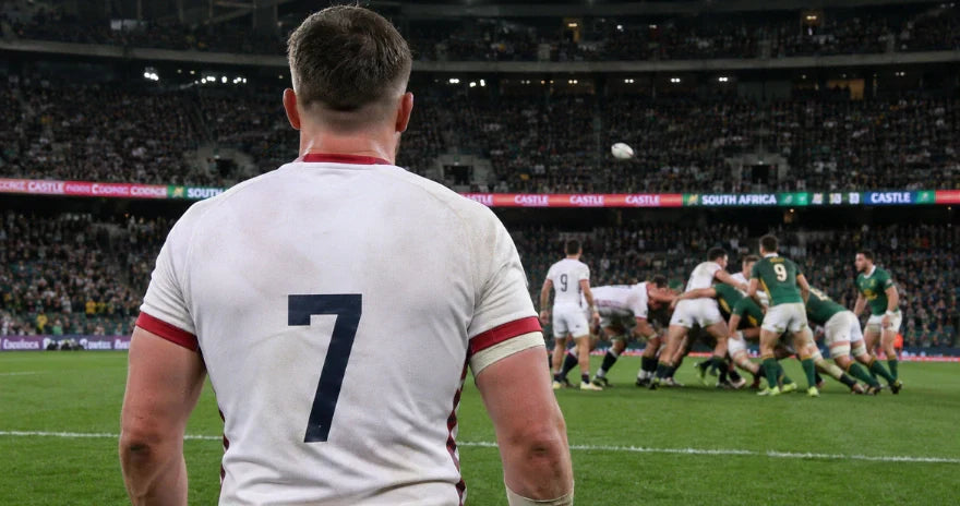Joueur de rugby vu de dos dans un stade pendant un match, avec un maillot sans nom floqué et uniquement un numéro visible.