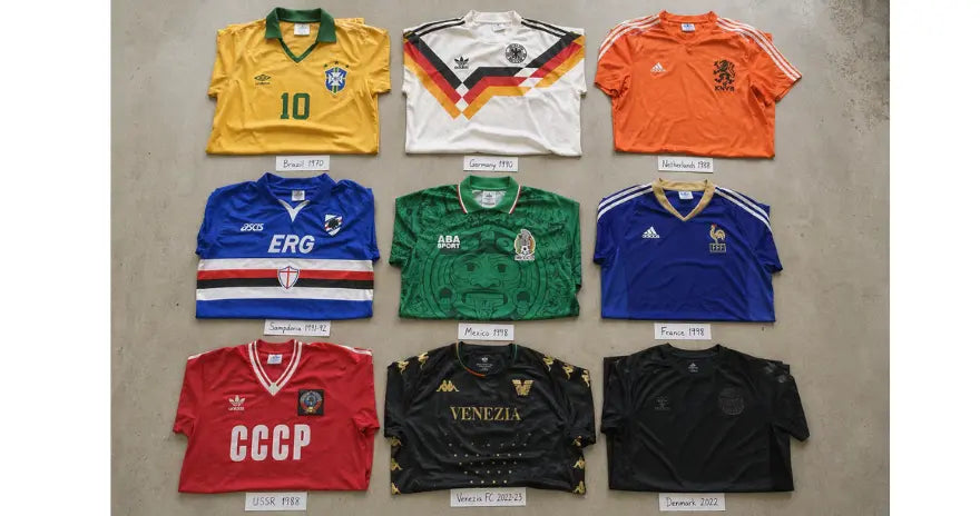 9 maillots de football rétro iconiques Brésil 1970 Allemagne 1990 Pays-Bas 1988 Sampdoria 1991 Mexique 1998 France 1998 URSS 1988 Venezia 2022 Danemark 2022