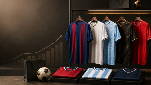 Sélection de maillots de foot populaires exposés dans une boutique premium avec ballon, sac shopping et graphique de ventes.