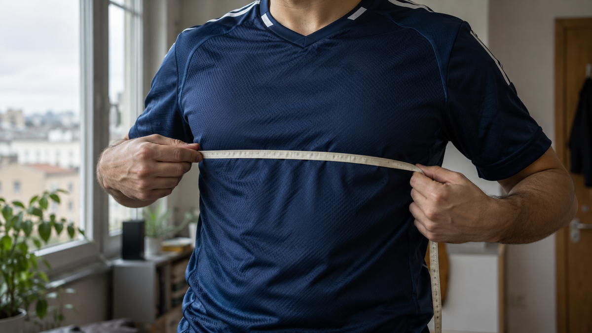 Supporter mesurant son tour de poitrine pour choisir sa taille de maillot de foot