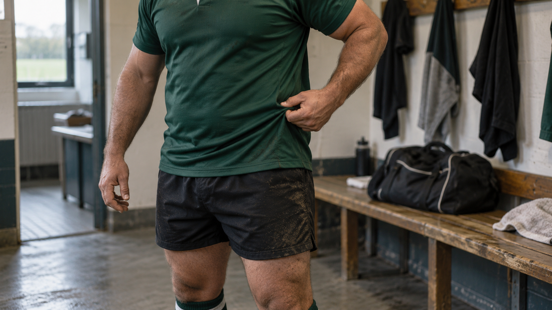 Joueur vérifiant l’aisance de son maillot de rugby vert dans un vestiaire