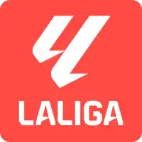 Logo LaLiga blanc sur fond carré rouge.