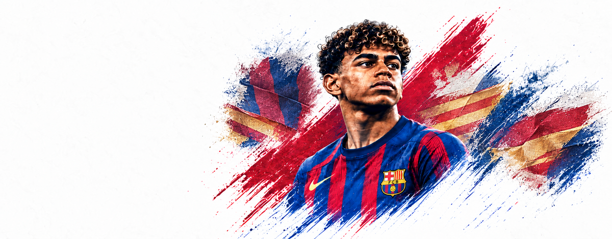 Portrait de Lamine Yamal et collage illustré de son parcours dans le football.