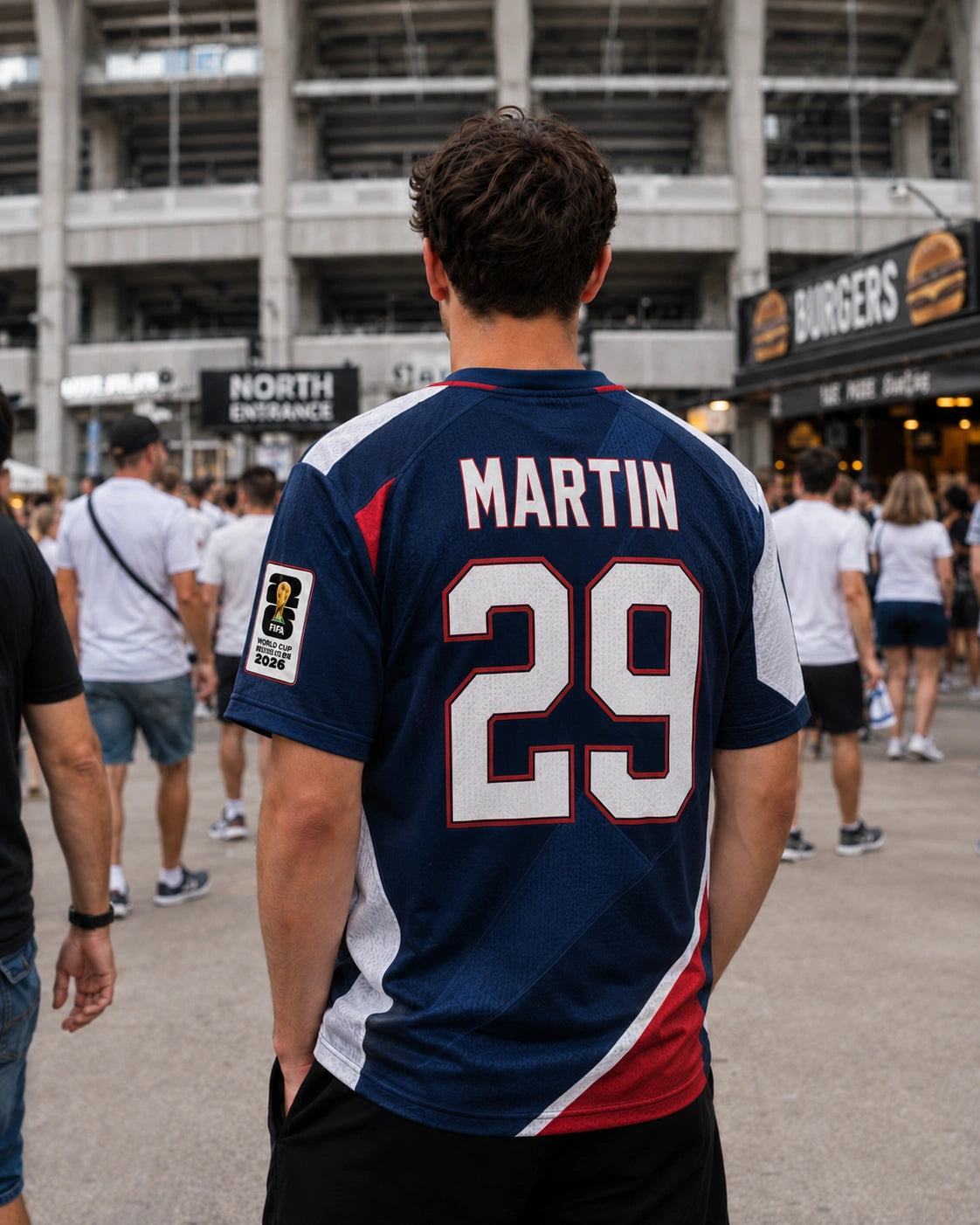 Homme portant un maillot bleu USA Coupe du Monde 2026 avec flocage Martin 29 devant un stade