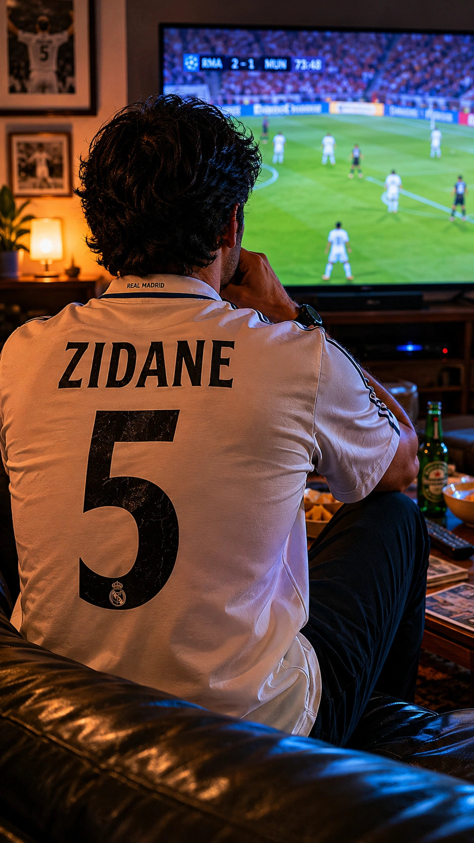 Homme portant un maillot Zidane Real Madrid numéro 5 assis sur un canapé devant un match de football à la télévision.
