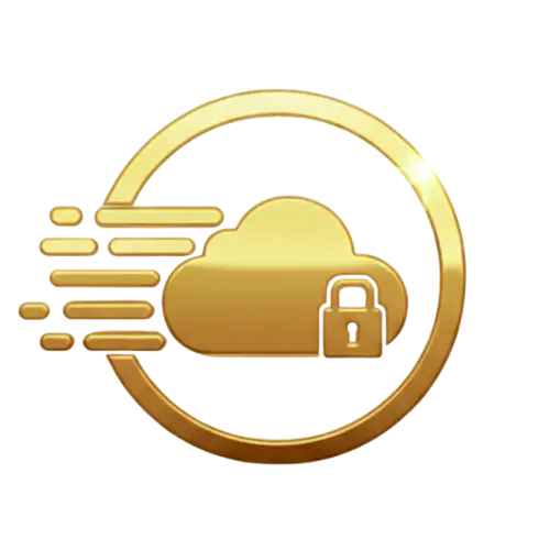 Nuage doré avec un emblème de cadenas entouré d'un anneau et de traînées de mouvement, rendu en finition métallique polie.