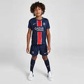 Maillot de football domicile du PSG avec un maillot bleu marine et une rayure rouge verticale, sponsorisé par Qatar Airways.