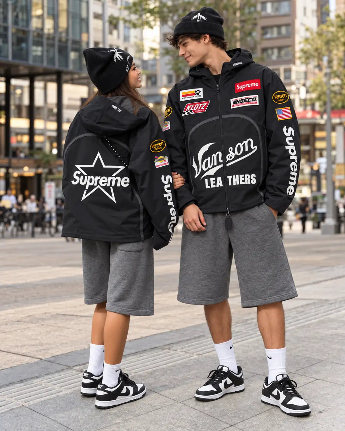 Vanson Supreme Jacke — Schwarz — abgestimmtes Damen- und Herrenoutfit, illustrative Darstellung