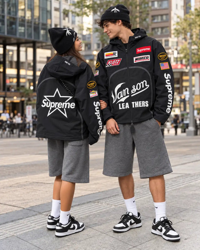 Vanson Supreme Jacke — Schwarz — abgestimmtes Damen- und Herrenoutfit, illustrative Darstellung