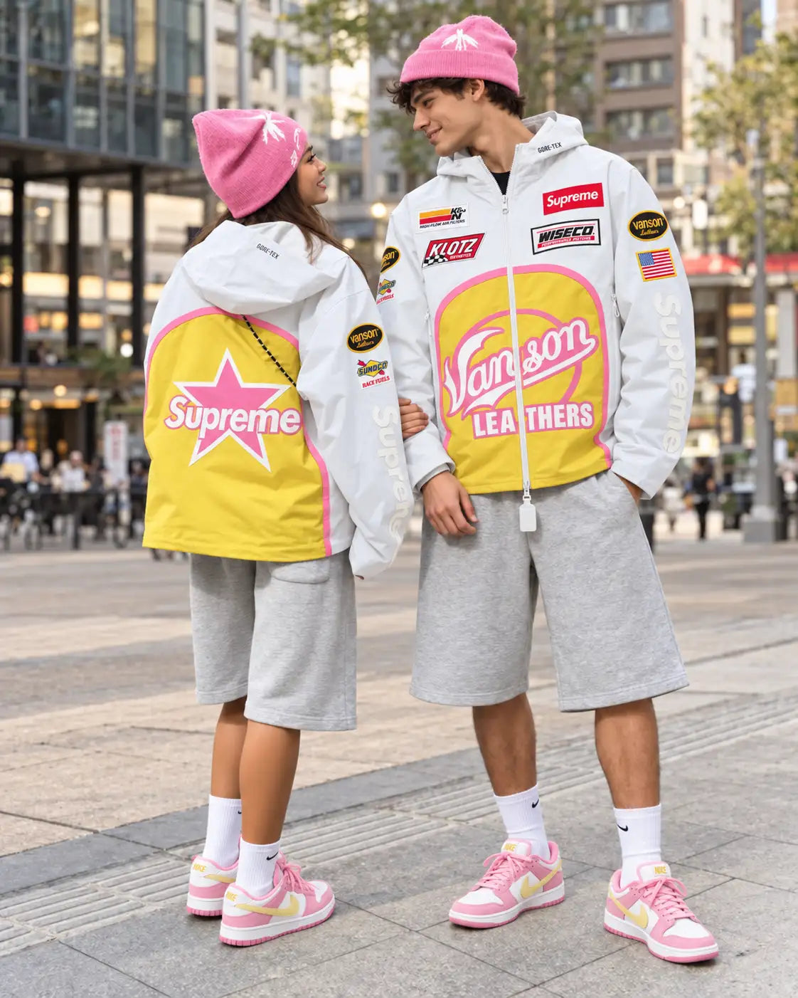 Vanson Supreme-jacka — Vit — kvinna och man i matchande outfits, illustrativ bild